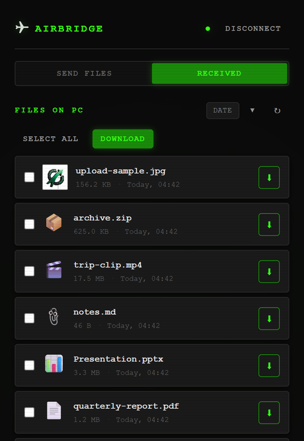 List of files received on the computer, with thumbnails